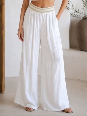 Thalia Sodi Women's White Flowy Palazzo Pants‎ Metallic Gold Elastic Waistband M